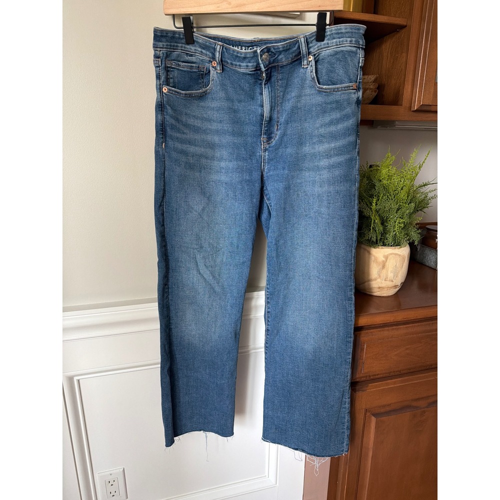 American Eagle High Rise Kick Boot Crop Jeans Women Size 12 Blue Stretch Raw Hem